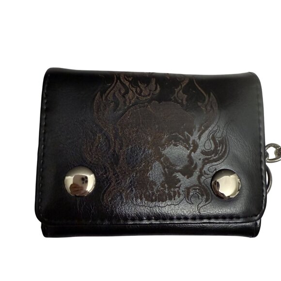 Biker Trifold Black Leather Wallet With Chain & Skull Design - Picture 2 of 9